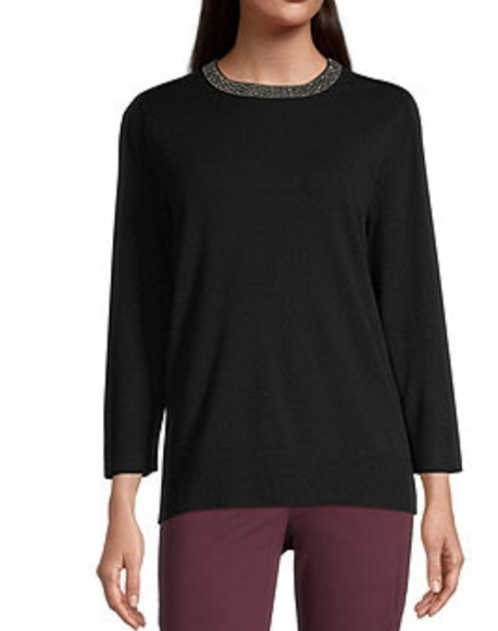 𝅺LIZ Claiborne Black Jewel Neck 3/4 Sleeve Sweater - Picture 1 of 7